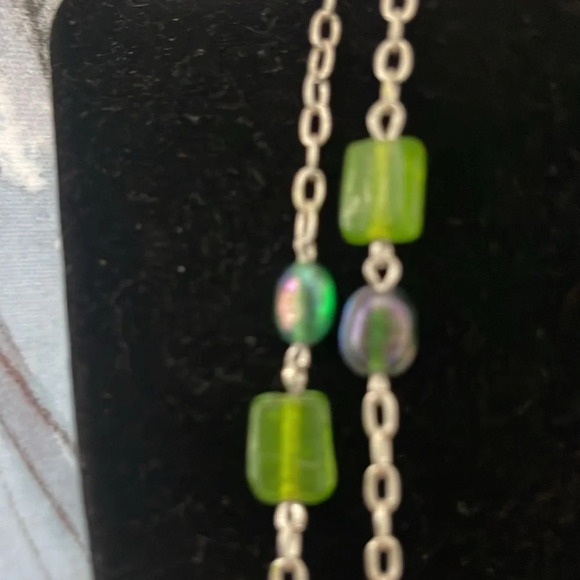 Beaded long necklace glass green silver link chain boho casual - Picture 11 of 11